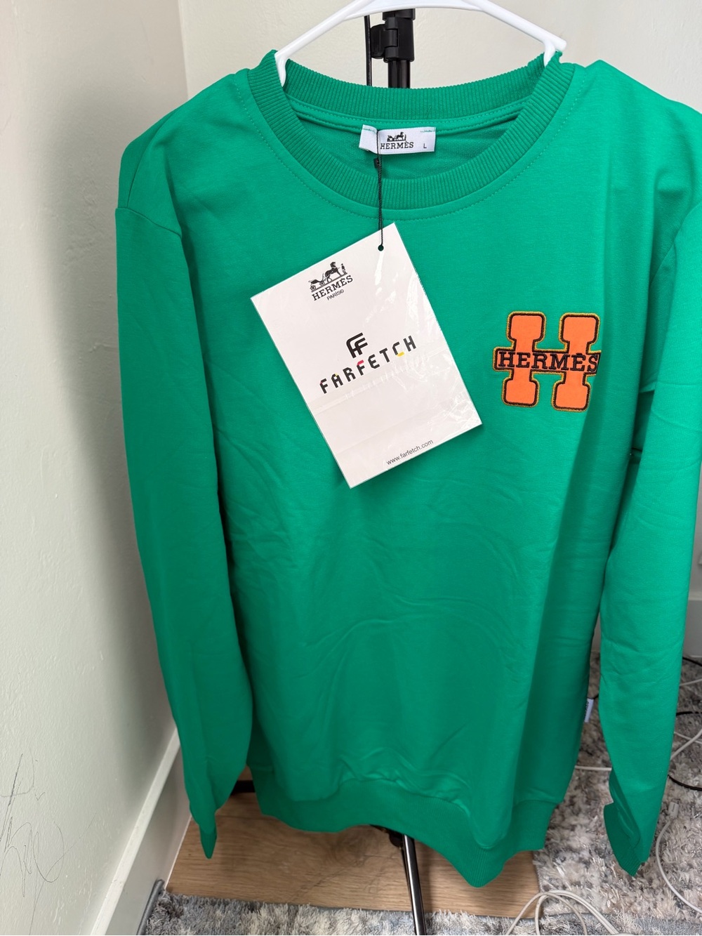 Hermes Men’s Bright Green Crewneck with Orange H Patch